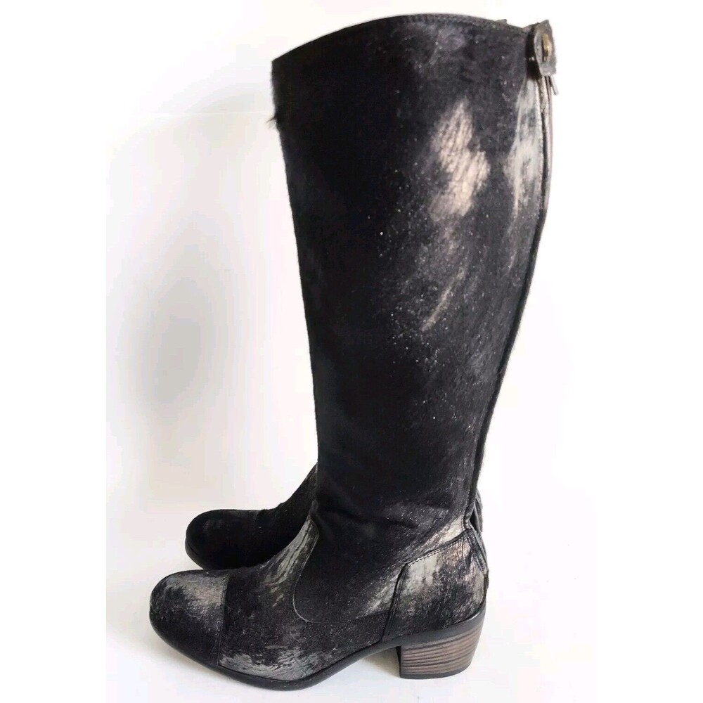 Frye Black‎ Pewter Metallic Leather Calf Hair Size 6 Knee High Tall Riding Boots - Picture 8 of 13